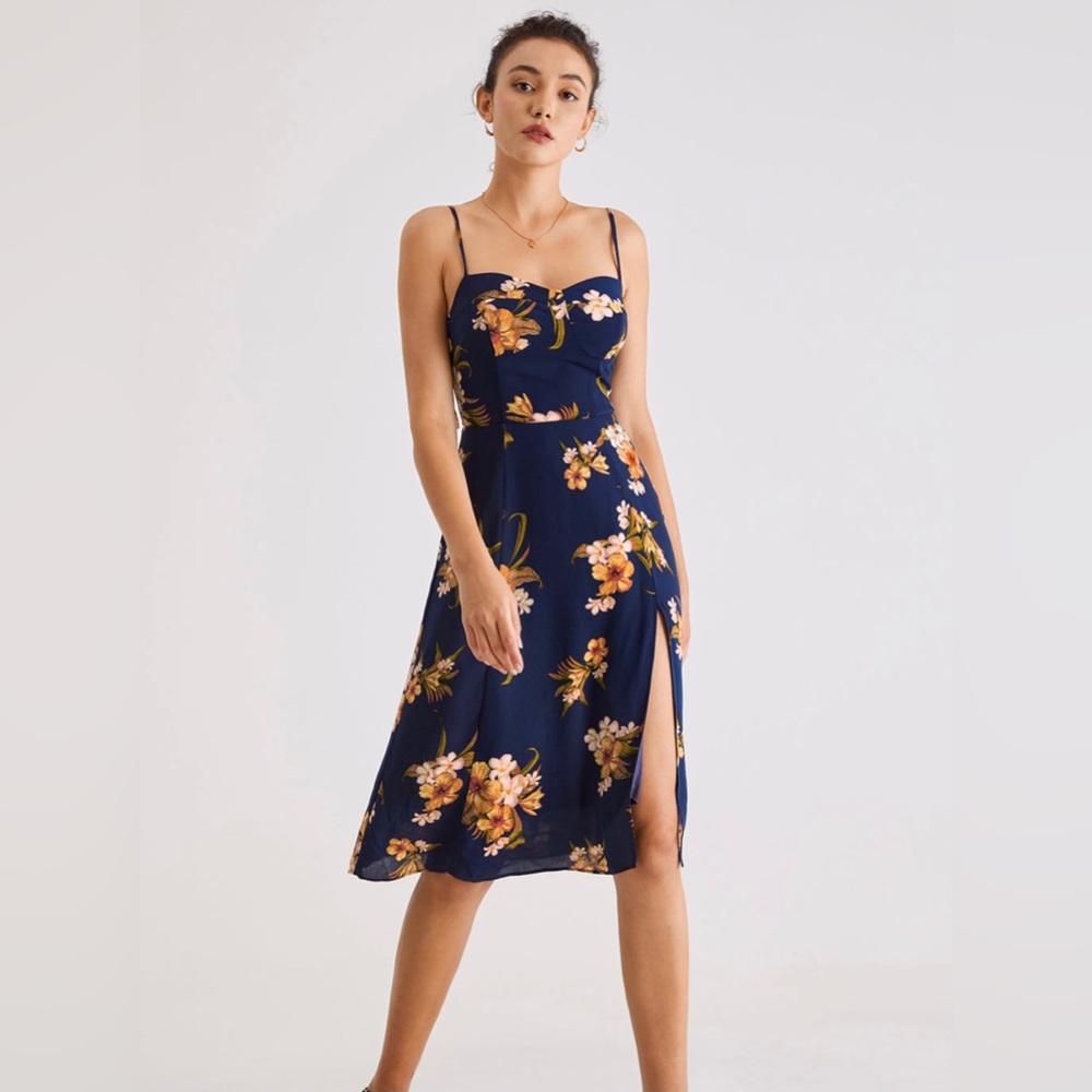 Windy Sea Flowers Strap Midi Dress - Navy/ Royal Blue